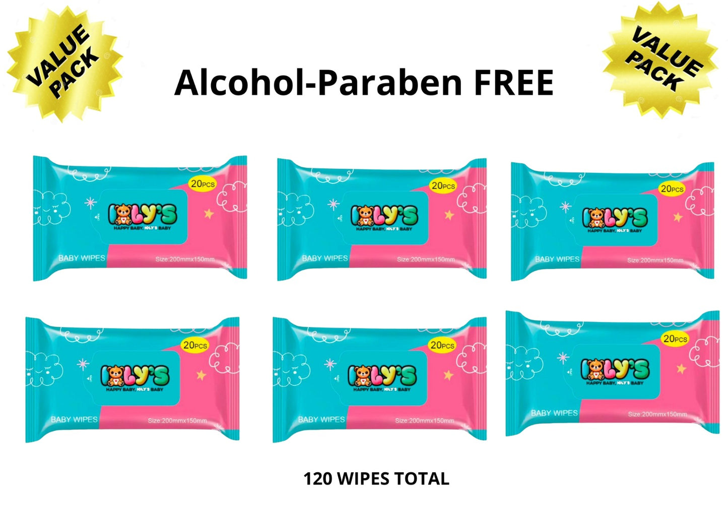 Ioly’s Baby Wipes – 6 Pack (120 ct) | Bulk Alcohol-Free Wipes with Aloe, Water & Glycerin for Sensitive Skin