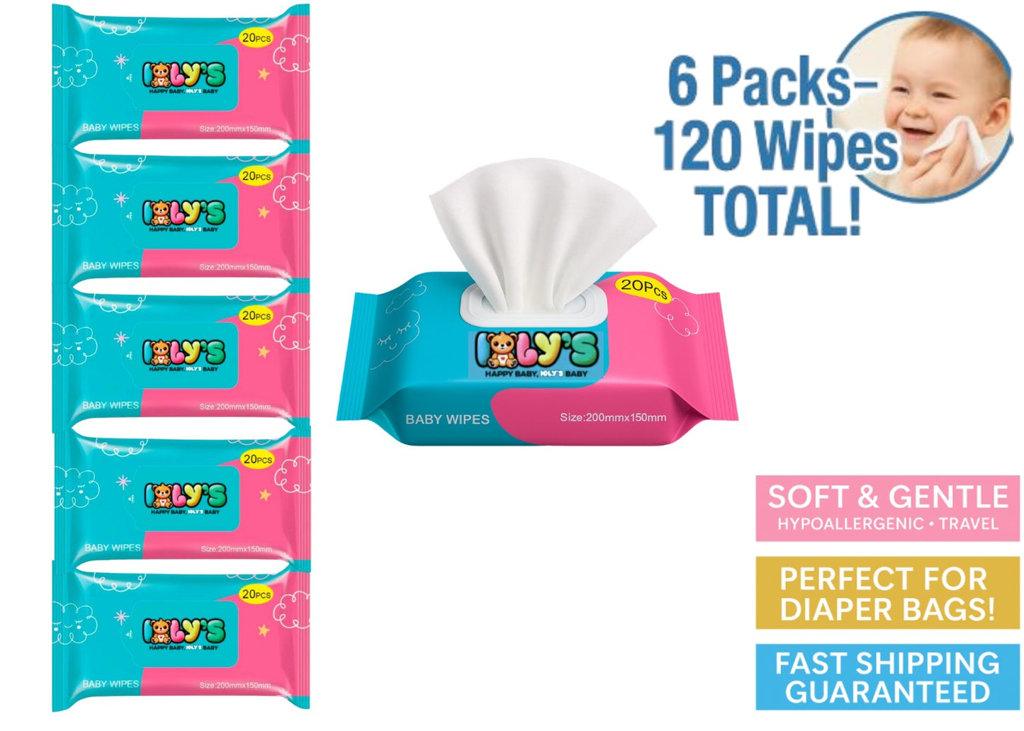 Ioly’s Baby Wipes – 6 Pack (120 ct) | Bulk Alcohol-Free Wipes with Aloe, Water & Glycerin for Sensitive Skin
