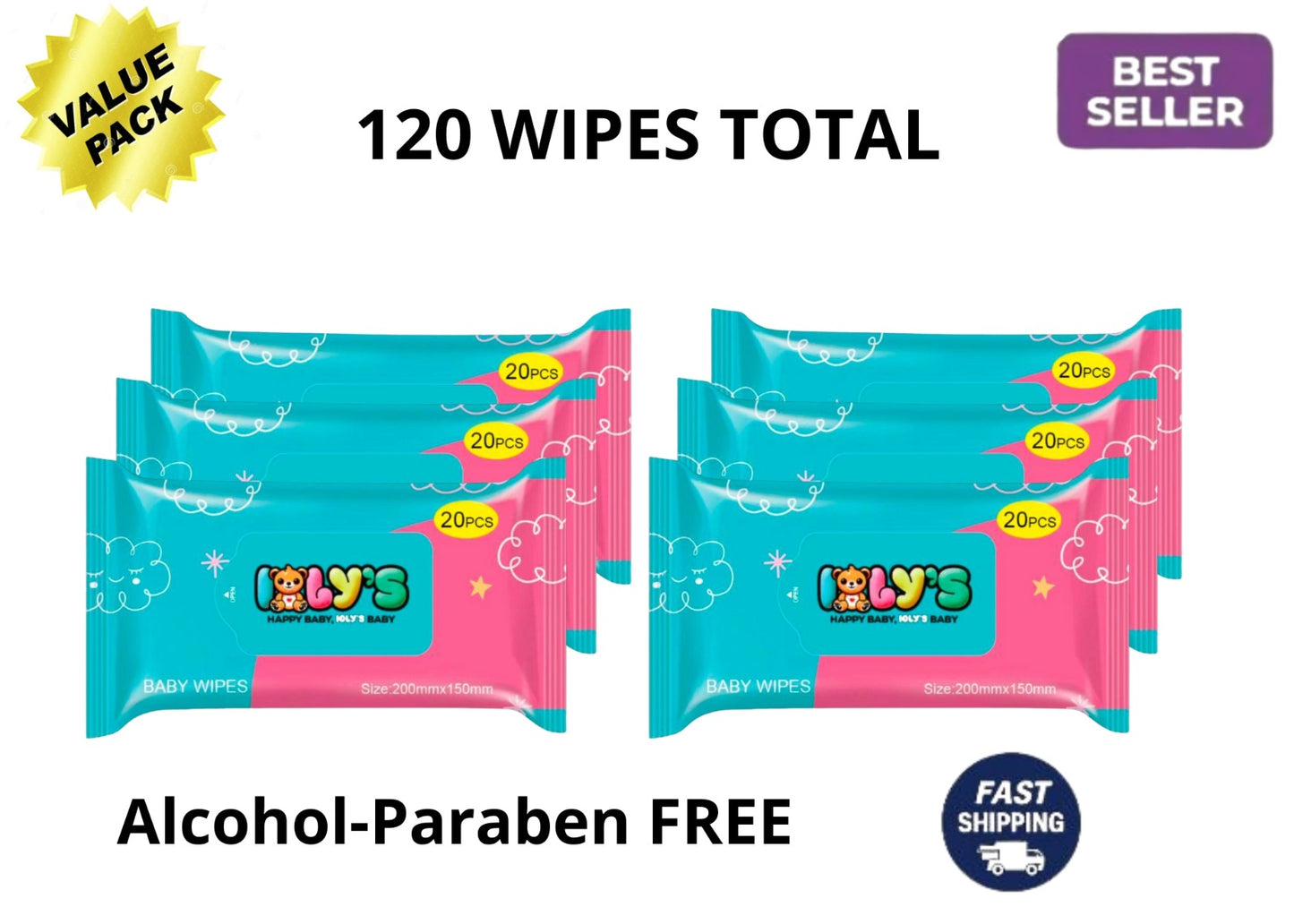 Ioly’s Baby Wipes – 6 Pack (120 ct) | Bulk Alcohol-Free Wipes with Aloe, Water & Glycerin for Sensitive Skin