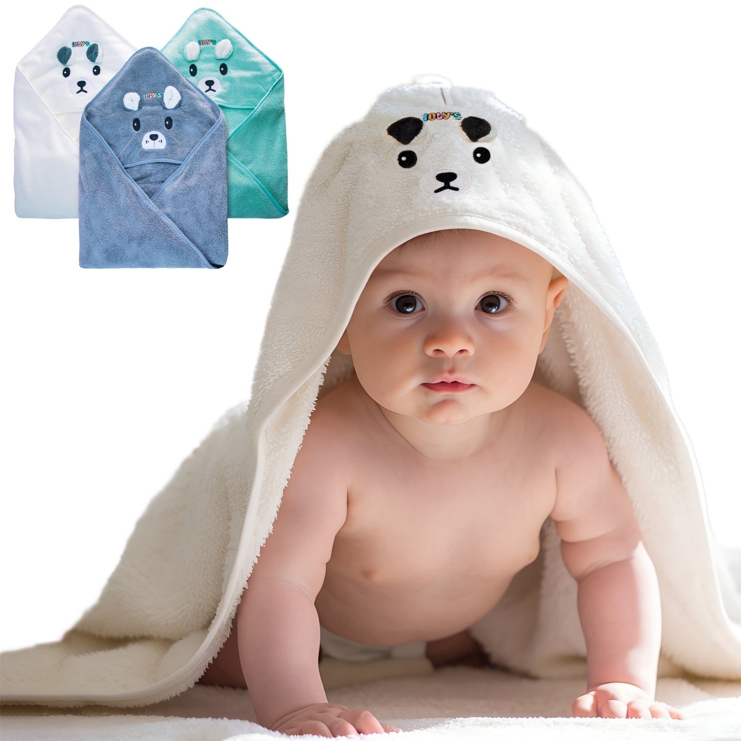 Ioly's Baby Hooded Towel ( White_Green_Gray ) Pack 3