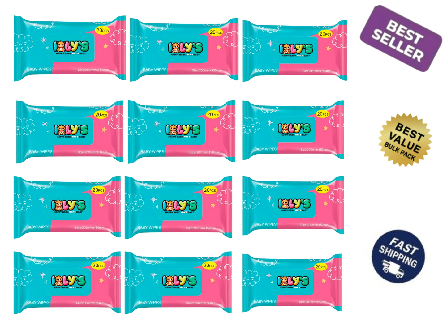 Ioly’s Baby Wipes – 12 Pack (240 ct) | Bulk Value Wipes with Aloe, Water & Glycerin for Sensitive Skin