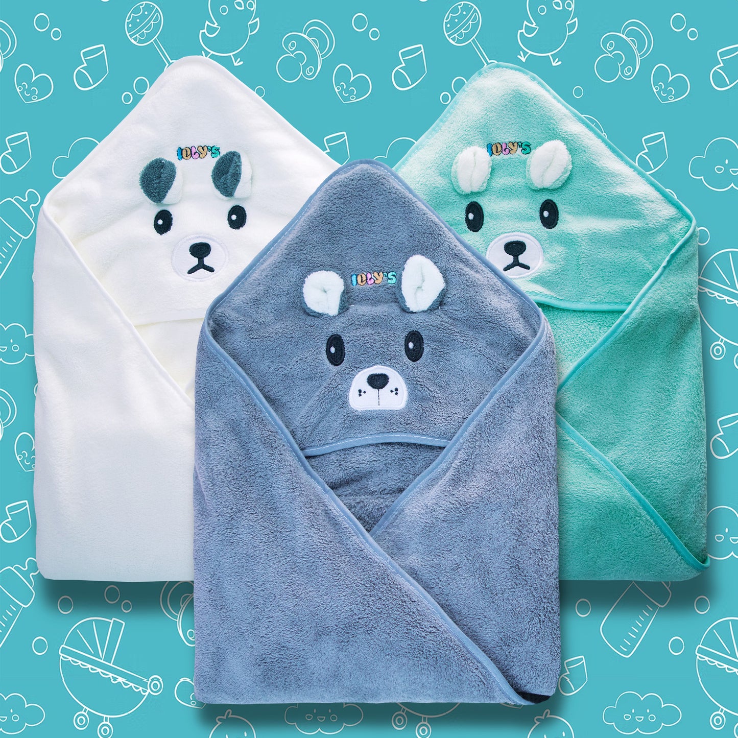 Ioly's Baby Hooded Towel ( White_Green_Gray ) Pack 3