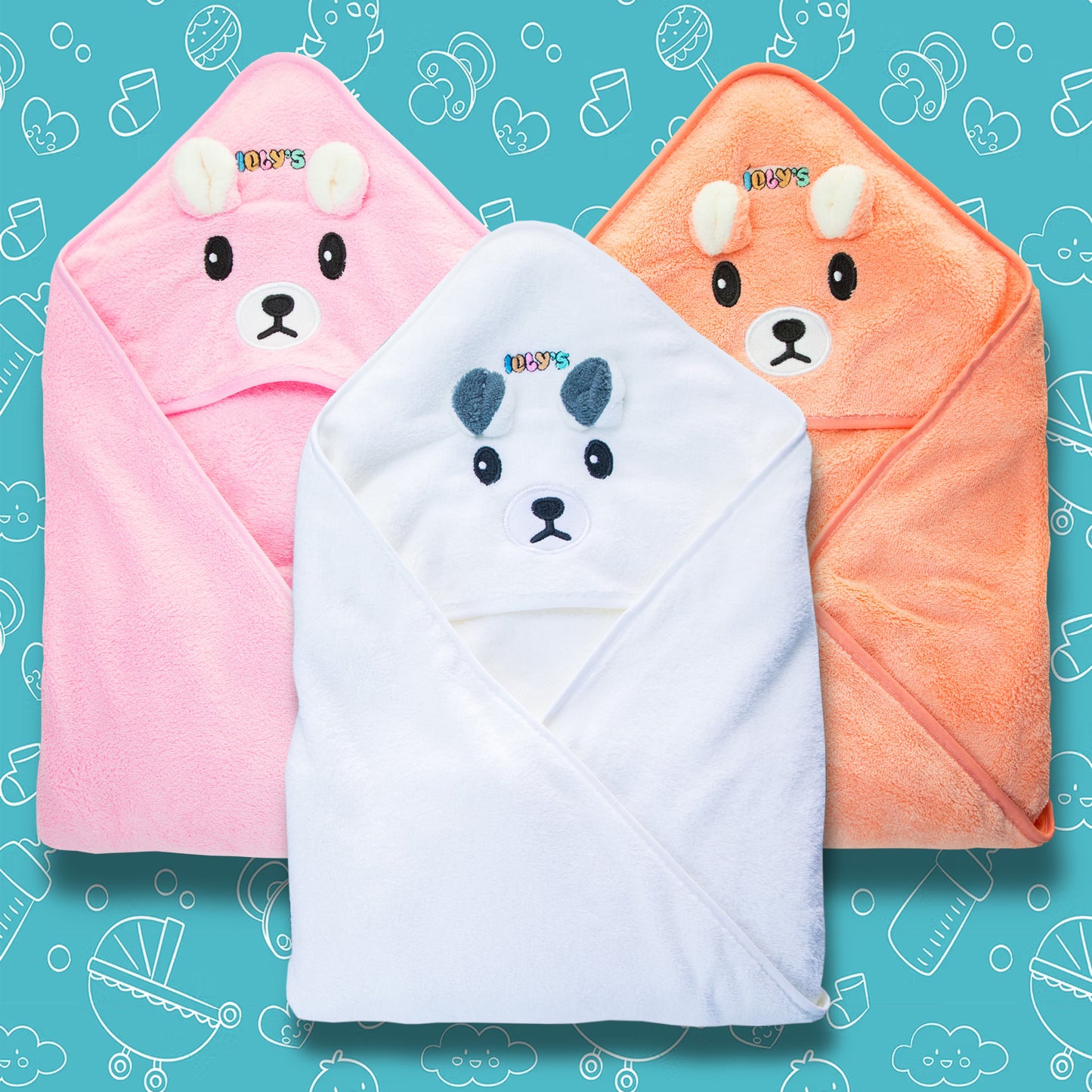 Ioly's Baby Hooded Towel ( White_Pink_Orange ) Pack 3