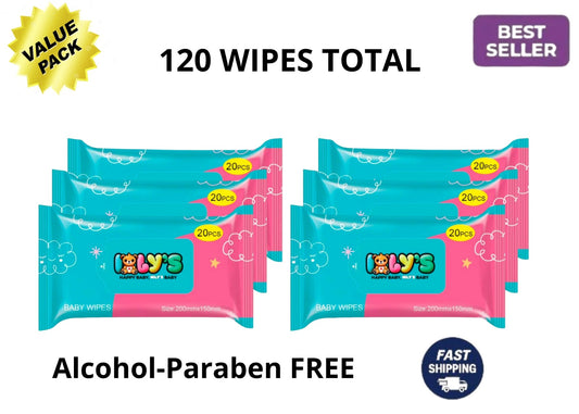 Ioly’s Baby Wipes – 6 Pack (120 ct) | Bulk Alcohol-Free Wipes with Aloe, Water & Glycerin for Sensitive Skin