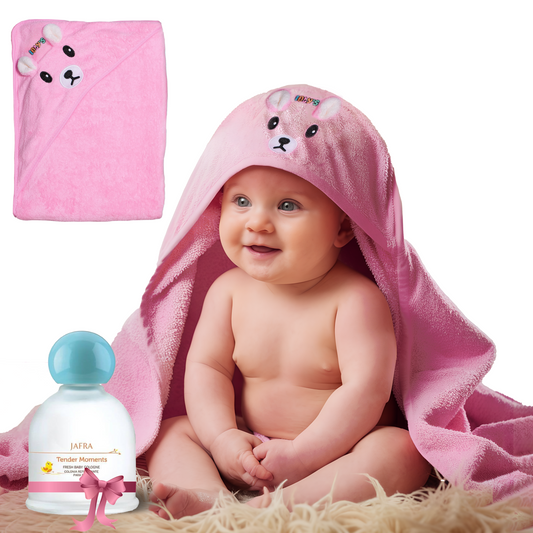 Hooded Baby Bath Towel (Pink) + Jafra Tender Moments Baby Cologne | Newborn Essentials Baby Shower Gift Set for Boy or Girl