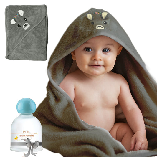 Hooded Baby Bath Towel (Gray) + Jafra Tender Moments Baby Cologne | Newborn Essentials Baby Shower Gift Set for Boy or Girl