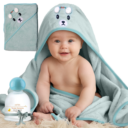 Hooded Baby Bath Towel (Green ) + Jafra Tender Moments Baby Cologne | Newborn Essentials Baby Shower Gift Set for Boy or Girl