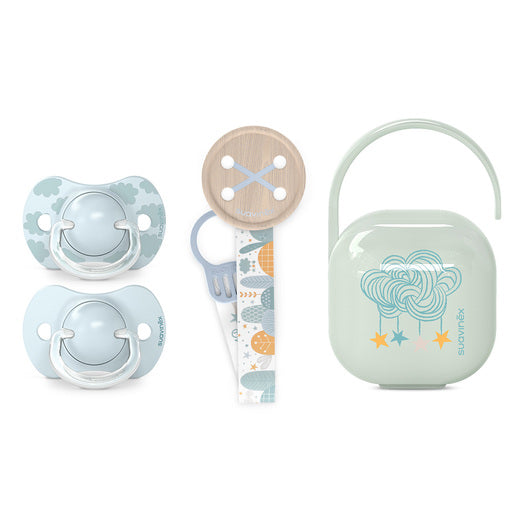 Pack Chupetes, Broche y Porta chupetes Dreams, 0-6 meses, Azul